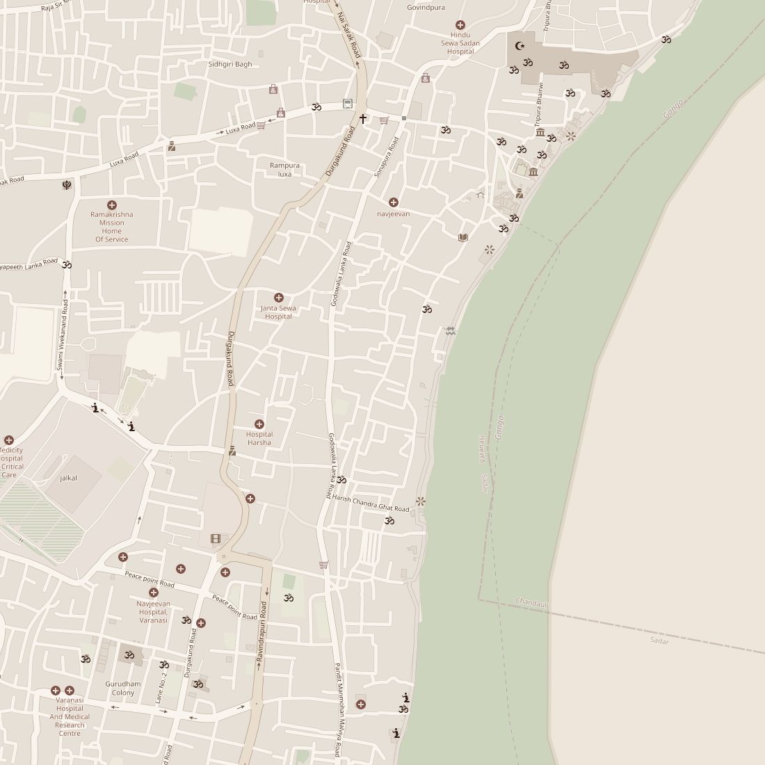 Street map of Bangali Tola with the River Ganga to the east; the pin marks Aghora